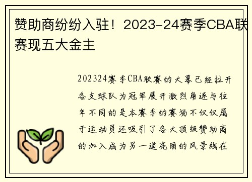 赞助商纷纷入驻！2023-24赛季CBA联赛现五大金主